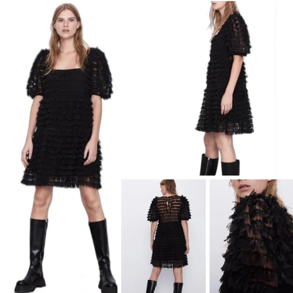 ZARA Black Tulle, Fringe Dress